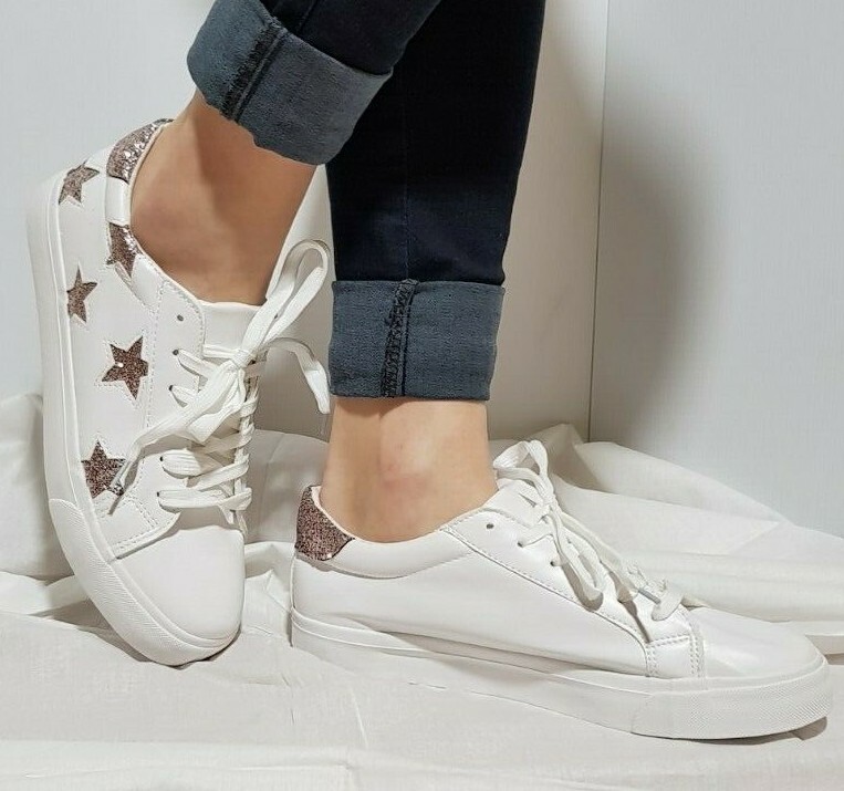 NEW WOMEN'S SHOES SNEAKERS PUMPS WHITE SHINNY PINK STARS EMBELLISHED M891 | eBay